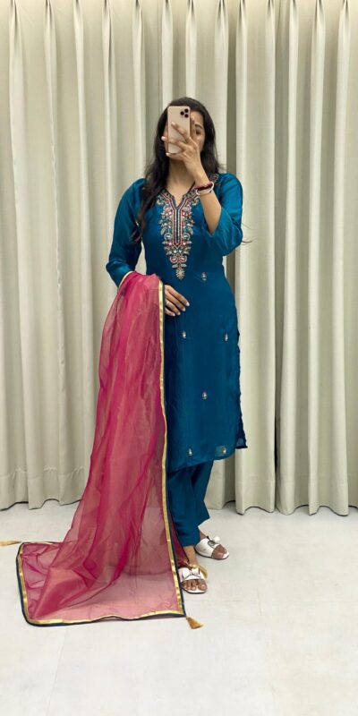 Peacock Blue Silk Hand Work Salwar Suit | Jump Suits, Salwar suit, Casual Suits, Creative suits, Designer Suits, Palazzo Suits, Party Wear Suits, Patiala Suits, Straight Suits