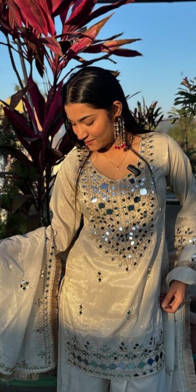 Perfect Off White Faux Georgette Mirror Salwar Suit | Jump Suits, Salwar suit, Casual Suits, Creative suits, Designer Suits, Palazzo Suits, Party Wear Suits, Patiala Suits, Straight Suits