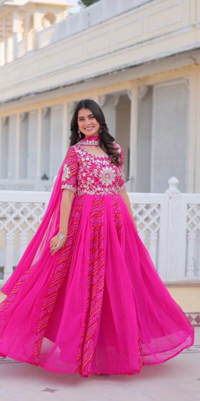 Pink Bandhej Fox Georgette Sequence Work Gown | Gowns, Bollywood Gowns, Creative Gowns, Designer Gowns, Embroidered Gowns, Party Wear Gowns