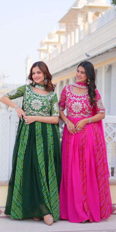 Pink Bandhej Fox Georgette Sequence Work Gown | Gowns, Bollywood Gowns, Creative Gowns, Designer Gowns, Embroidered Gowns, Party Wear Gowns