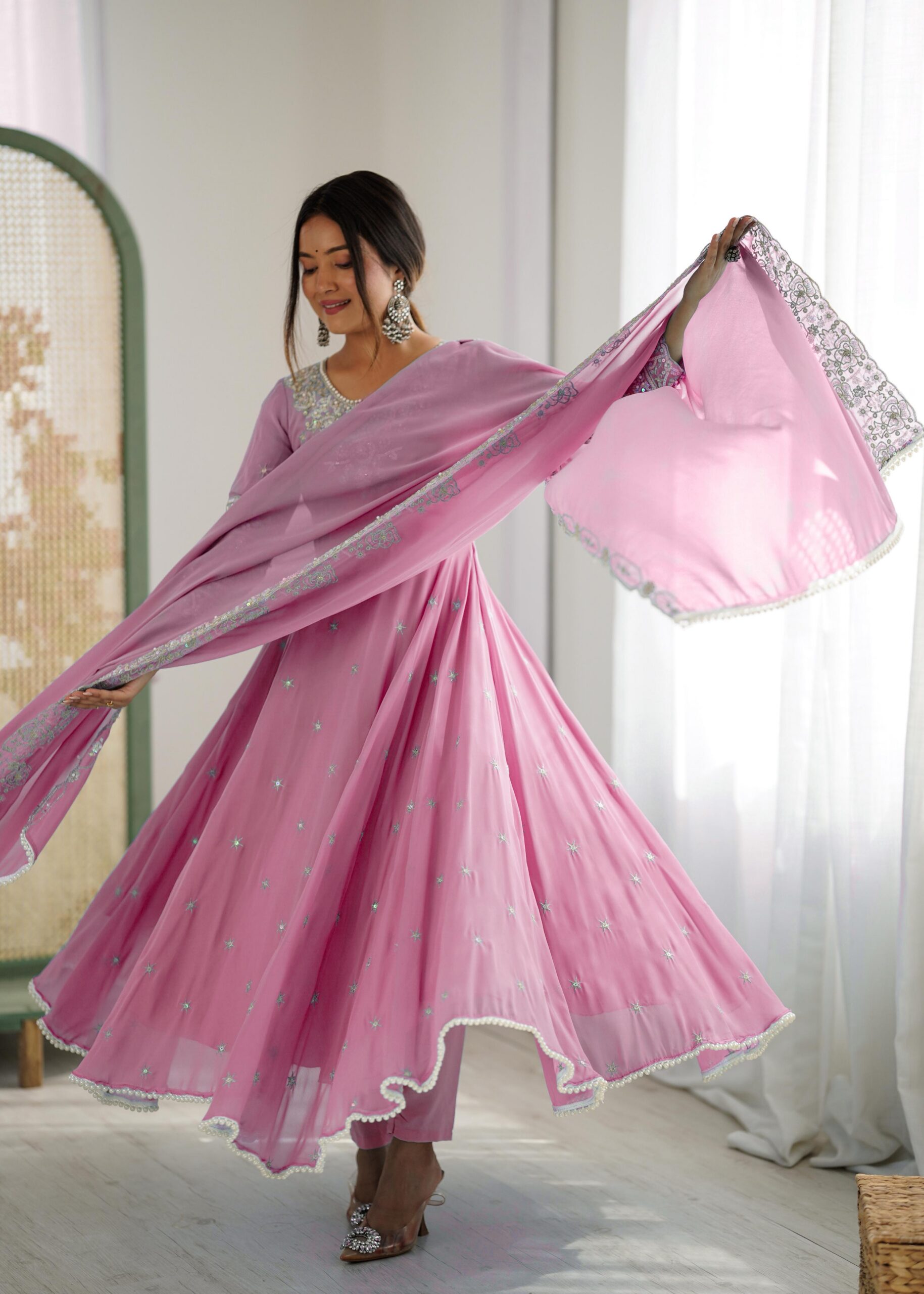 Pink Blooming Faux Embroidery Work Gown | Lehenga, Bollywood Lehenga, Creative Lehenga, Designer Lehenga, Embroidered Lehenga, Party Wear Lehenga