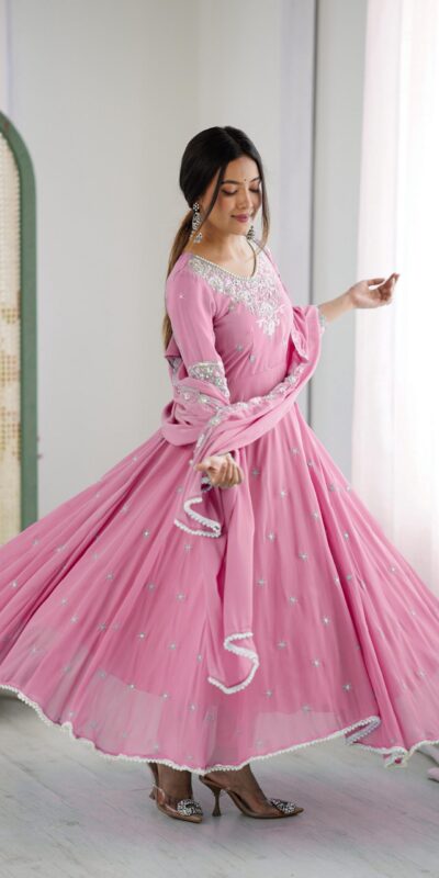 Pink Blooming Faux Embroidery Work Gown | Lehenga, Bollywood Lehenga, Creative Lehenga, Designer Lehenga, Embroidered Lehenga, Party Wear Lehenga