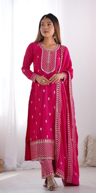 Pink Chinon Silk Embroidery Jari Work Salwar Suit | Jump Suits, Salwar suit, Casual Suits, Creative suits, Designer Suits, Palazzo Suits, Party Wear Suits, Patiala Suits, Straight Suits
