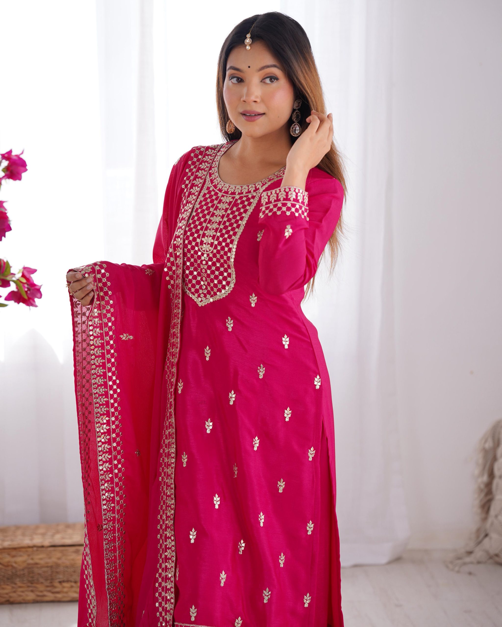 Pink Chinon Silk Embroidery Jari Work Salwar Suit | Jump Suits, Salwar suit, Casual Suits, Creative suits, Designer Suits, Palazzo Suits, Party Wear Suits, Patiala Suits, Straight Suits