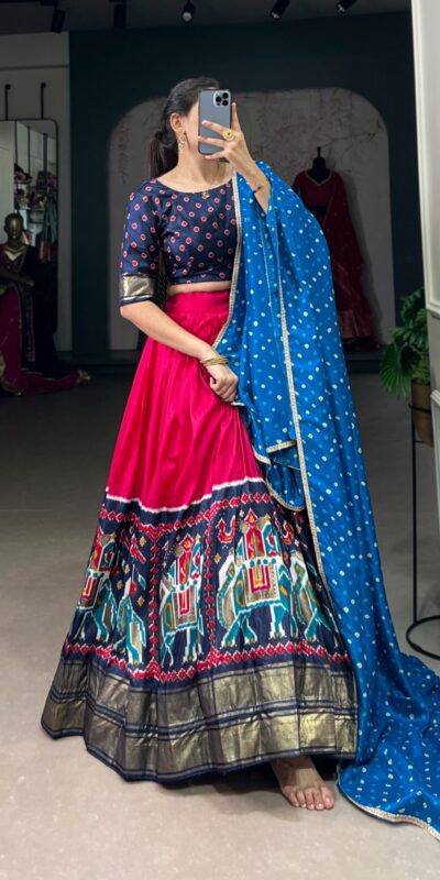 Pink Dola Silk Patola Bandhej Print Lehenga Choli | Jump Suits, Salwar suit, Casual Suits, Creative suits, Designer Suits, Palazzo Suits, Party Wear Suits, Patiala Suits, Straight Suits