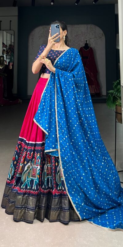 Pink Dola Silk Patola Bandhej Print Lehenga Choli | Jump Suits, Salwar suit, Casual Suits, Creative suits, Designer Suits, Palazzo Suits, Party Wear Suits, Patiala Suits, Straight Suits