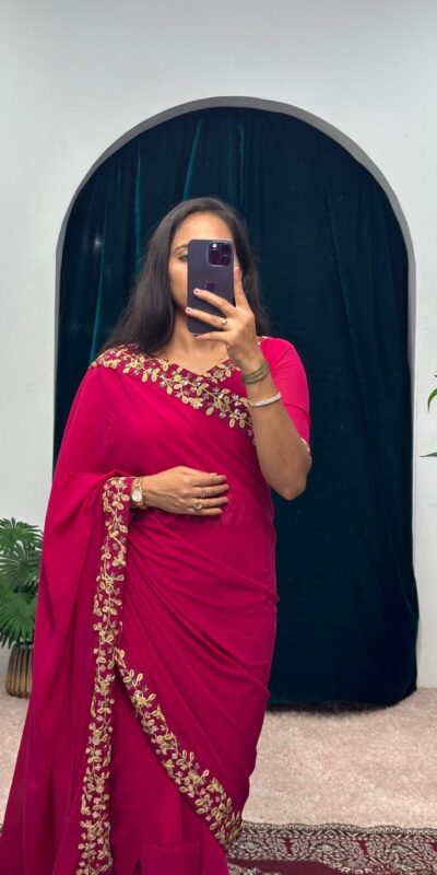 Pink Faux Georgette Embroidery Work Border Stitched Saree-Gown | Gowns, Bollywood Gowns, Creative Gowns, Designer Gowns, Embroidered Gowns, Party Wear Gowns, Straight Suits