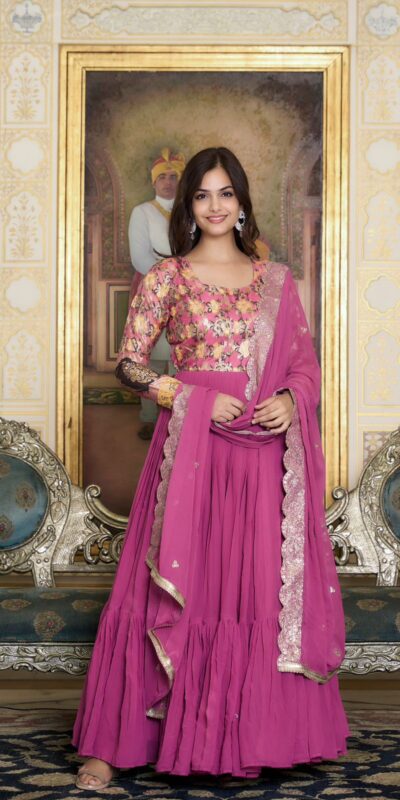 Pink Fox Georgette Embroider Zecard Work Gown | Gowns, Bollywood Gowns, Creative Gowns, Designer Gowns, Embroidered Gowns, Party Wear Gowns, Straight Suits