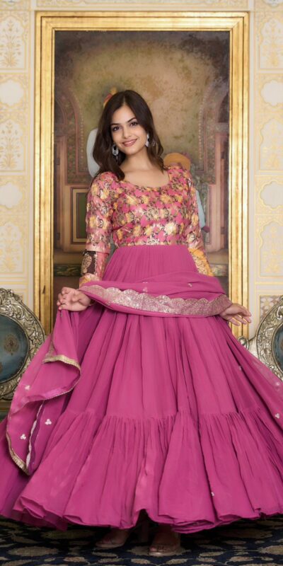 Pink Fox Georgette Embroider Zecard Work Gown | Gowns, Bollywood Gowns, Creative Gowns, Designer Gowns, Embroidered Gowns, Party Wear Gowns, Straight Suits