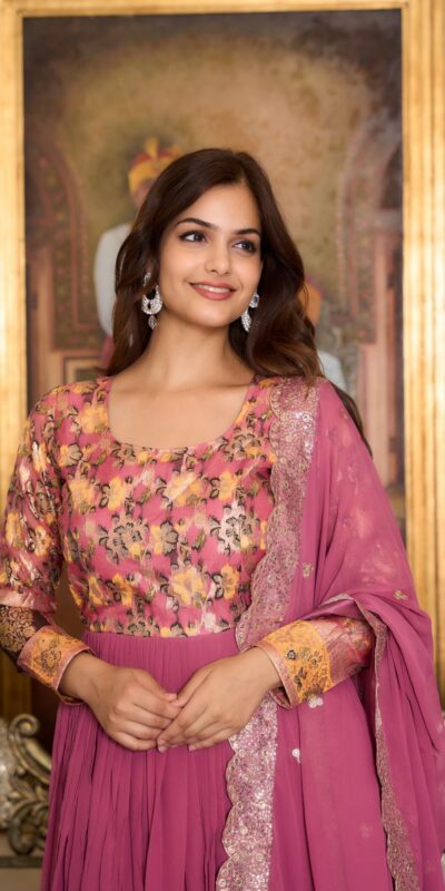 Pink Fox Georgette Embroider Zecard Work Gown | Gowns, Bollywood Gowns, Creative Gowns, Designer Gowns, Embroidered Gowns, Party Wear Gowns, Straight Suits