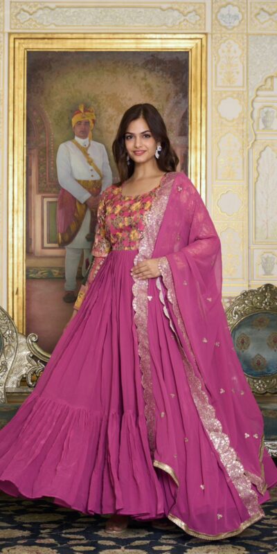 Pink Fox Georgette Embroider Zecard Work Gown | Gowns, Bollywood Gowns, Creative Gowns, Designer Gowns, Embroidered Gowns, Party Wear Gowns, Straight Suits