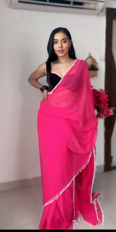Pink Georgette Lace Work Border Saree | Sarees, Bollywood Sarees, Creative Sarees, Designer Sarees, Embroidered Sarees, Ethnic Saree, Modern Digital sarees, Party Wear Sarees