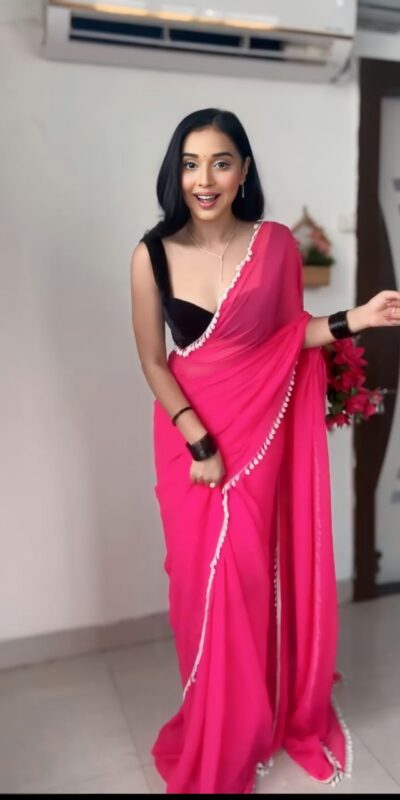 Pink Georgette Lace Work Border Saree | Sarees, Bollywood Sarees, Creative Sarees, Designer Sarees, Embroidered Sarees, Ethnic Saree, Modern Digital sarees, Party Wear Sarees