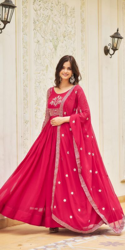 Pink Georgette Sequence Embroidery Gown | Gowns, Bollywood Gowns, Creative Gowns, Designer Gowns, Embroidered Gowns, Party Wear Gowns
