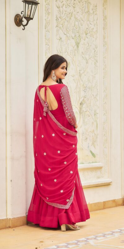 Pink Georgette Sequence Embroidery Gown | Gowns, Bollywood Gowns, Creative Gowns, Designer Gowns, Embroidered Gowns, Party Wear Gowns