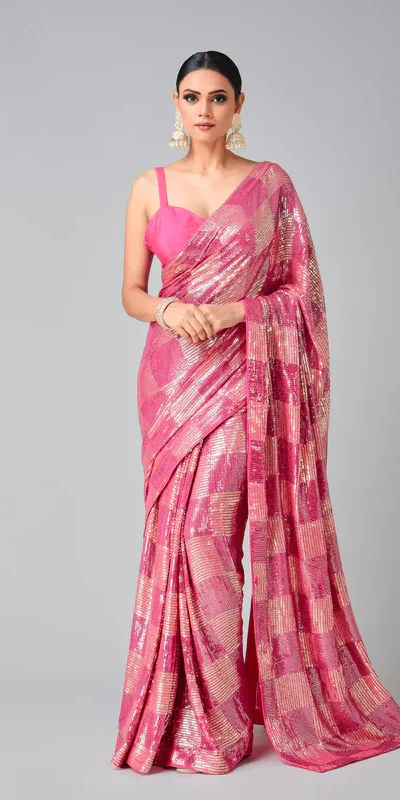 Pink Georgette Sequins Work Saree | Sarees, Bollywood Sarees, Creative Sarees, Designer Sarees, Embroidered Sarees, Ethnic Saree, Modern Digital sarees, Party Wear Sarees