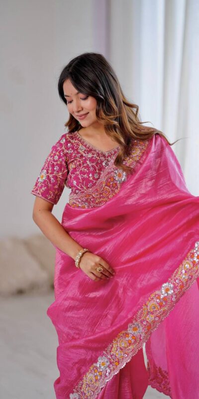 Pink Gold Crush Silk With Embroidery Work Saree | Sarees, Bollywood Sarees, Creative Sarees, Designer Sarees, Embroidered Sarees, Ethnic Saree, Modern Digital sarees, Party Wear Sarees