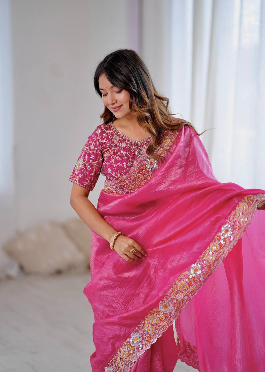 Pink Gold Crush Silk With Embroidery Work Saree | Sarees, Bollywood Sarees, Creative Sarees, Designer Sarees, Embroidered Sarees, Ethnic Saree, Modern Digital sarees, Party Wear Sarees