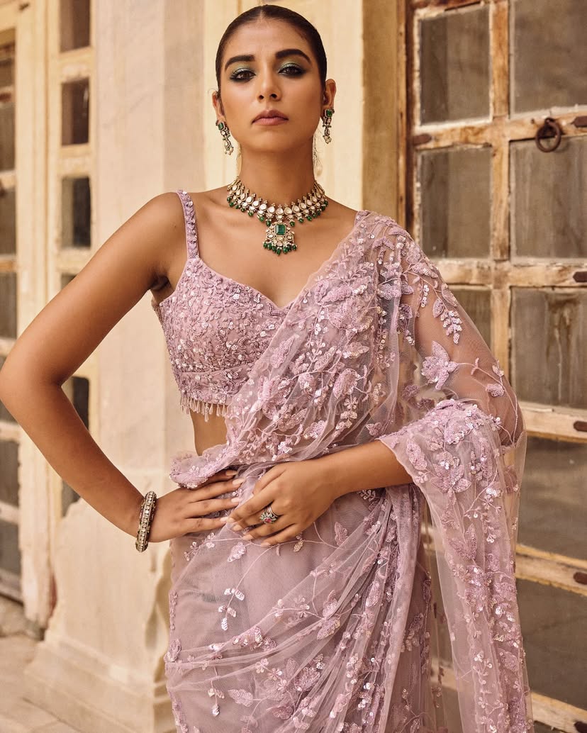 Pink Mono Net Sequins Saree | Sarees, Bollywood Sarees, Creative Sarees, Designer Sarees, Embroidered Sarees, Ethnic Saree, Modern Digital sarees, Party Wear Sarees
