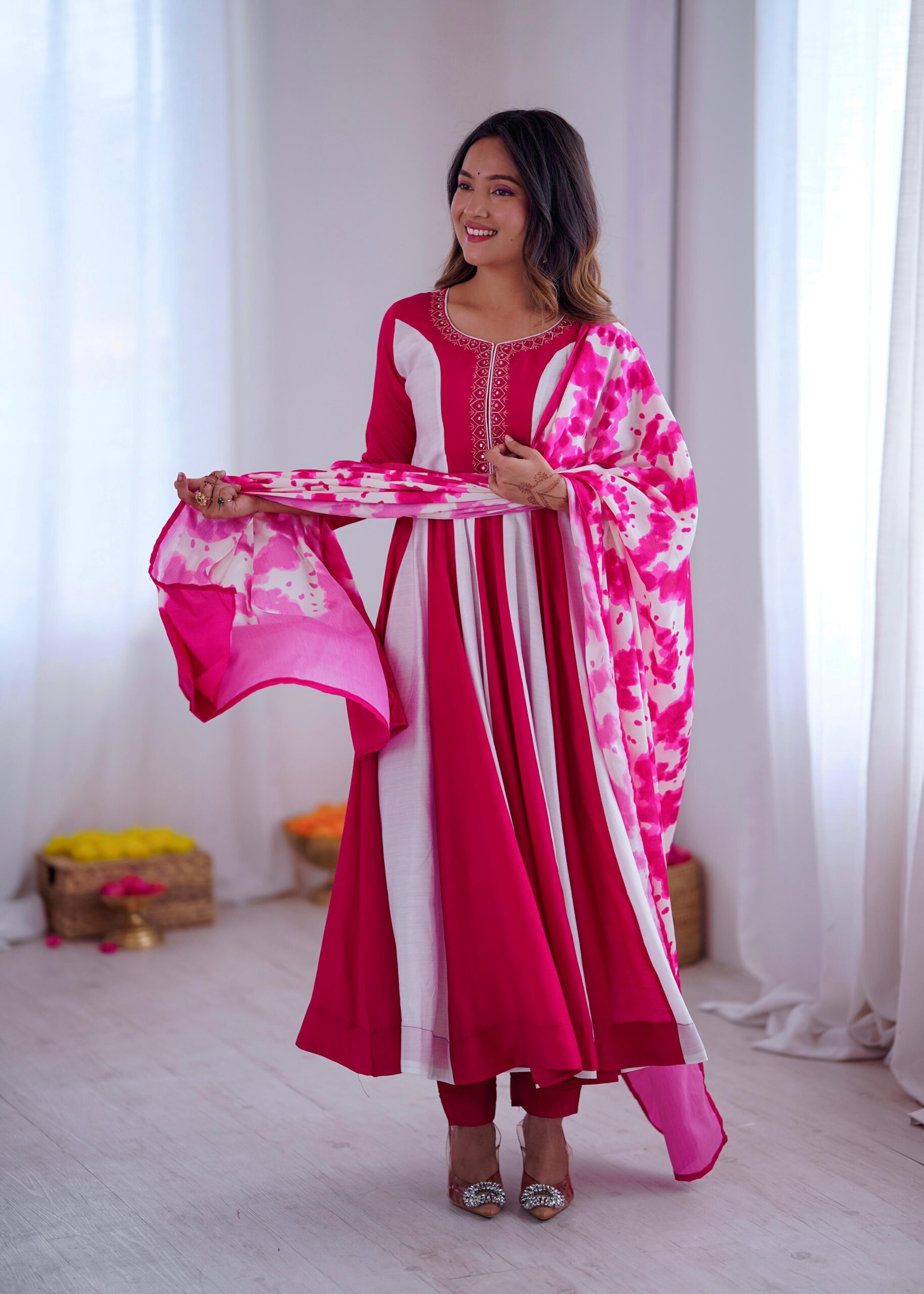 Pink Roman Silk Embroidery Work Digital Print Gown | Gowns, Bollywood Gowns, Creative Gowns, Designer Gowns, Embroidered Gowns, Party Wear Gowns