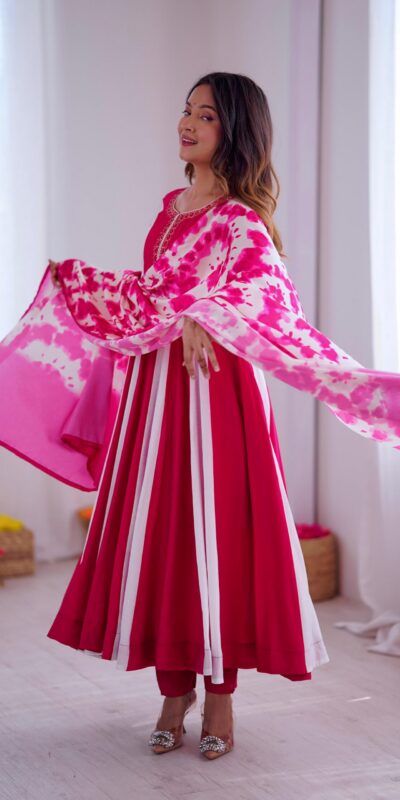 Pink Roman Silk Embroidery Work Digital Print Gown | Gowns, Bollywood Gowns, Creative Gowns, Designer Gowns, Embroidered Gowns, Party Wear Gowns