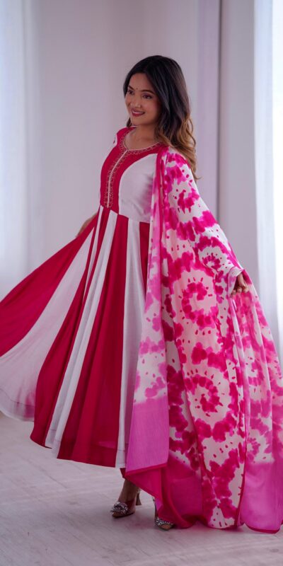 Pink Roman Silk Embroidery Work Digital Print Gown | Gowns, Bollywood Gowns, Creative Gowns, Designer Gowns, Embroidered Gowns, Party Wear Gowns