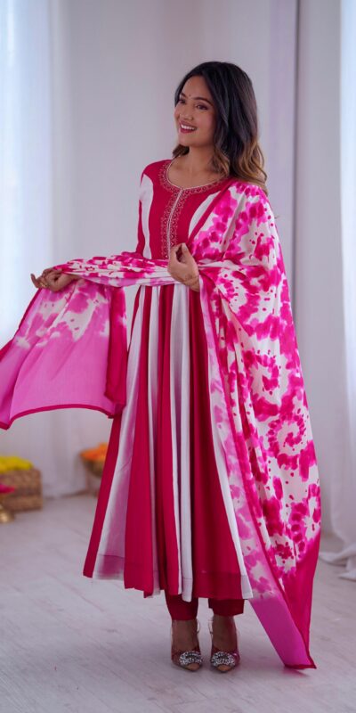 Pink Roman Silk Embroidery Work Digital Print Gown | Gowns, Bollywood Gowns, Creative Gowns, Designer Gowns, Embroidered Gowns, Party Wear Gowns