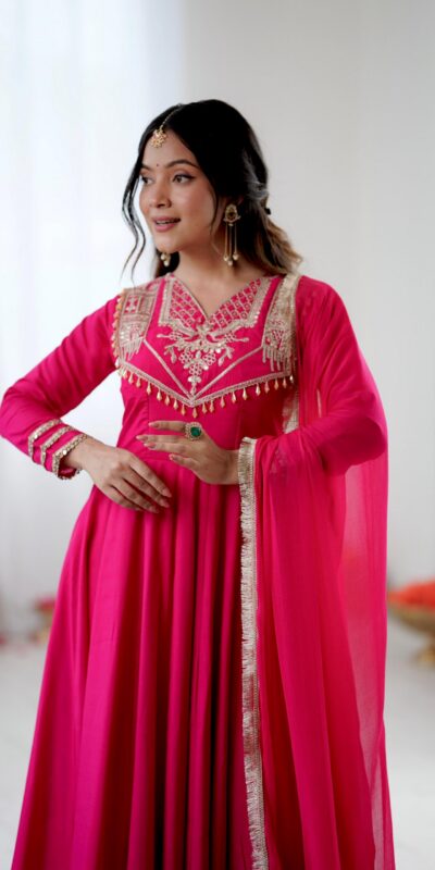 Pink Roman Silk Lace Work Border Gown | Gowns, Bollywood Gowns, Creative Gowns, Designer Gowns, Embroidered Gowns, Party Wear Gowns