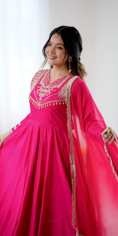 Pink Roman Silk Lace Work Border Gown | Gowns, Bollywood Gowns, Creative Gowns, Designer Gowns, Embroidered Gowns, Party Wear Gowns