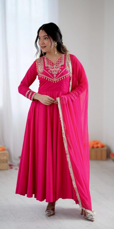 Pink Roman Silk Lace Work Border Gown | Gowns, Bollywood Gowns, Creative Gowns, Designer Gowns, Embroidered Gowns, Party Wear Gowns