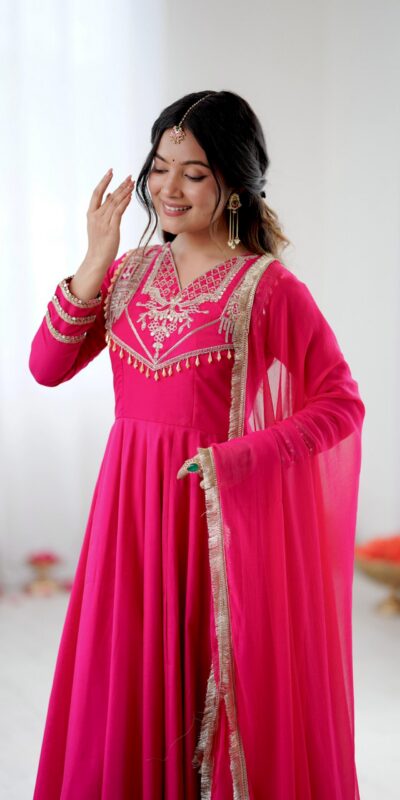 Pink Roman Silk Lace Work Border Gown | Gowns, Bollywood Gowns, Creative Gowns, Designer Gowns, Embroidered Gowns, Party Wear Gowns