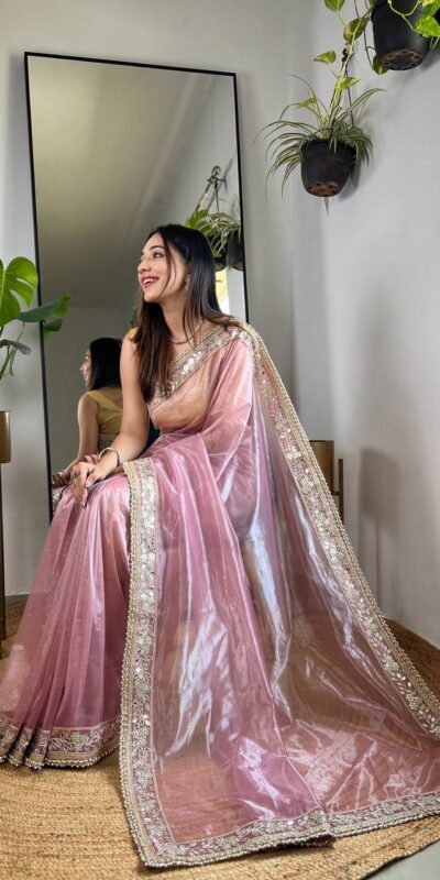 Pink Silver Tissue Silk Zari Mirror Work Saree | Sarees, Bollywood Sarees, Creative Sarees, Designer Sarees, Embroidered Sarees, Ethnic Saree, Modern Digital sarees, Party Wear Sarees