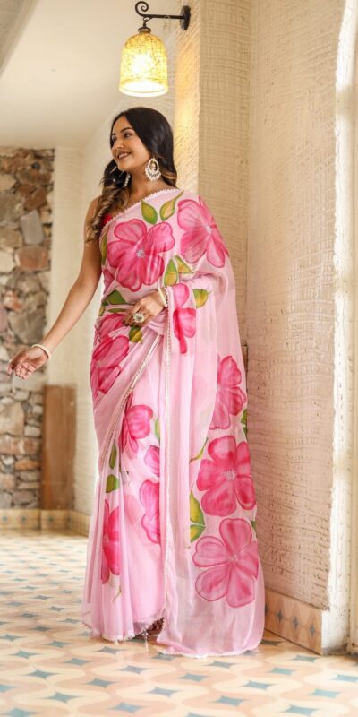 Pink Soft Georgette Silk All Over Saree | Sarees, Bollywood Sarees, Creative Sarees, Designer Sarees, Embroidered Sarees, Ethnic Saree, Modern Digital sarees, Party Wear Sarees