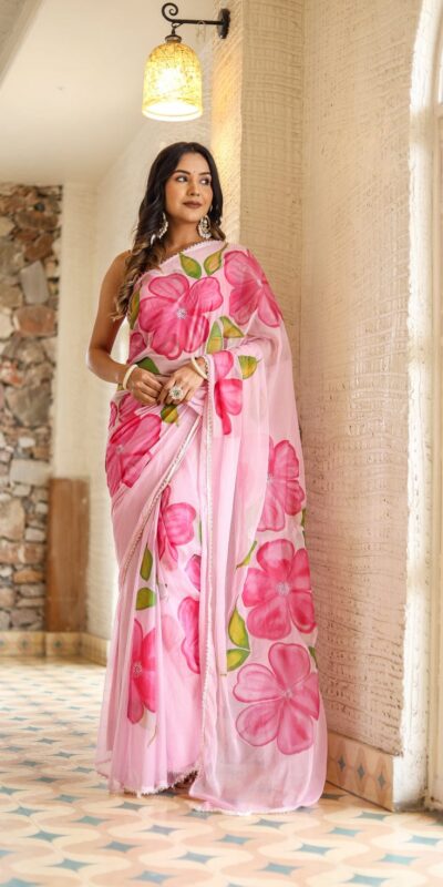 Pink Soft Georgette Silk All Over Saree | Sarees, Bollywood Sarees, Creative Sarees, Designer Sarees, Embroidered Sarees, Ethnic Saree, Modern Digital sarees, Party Wear Sarees