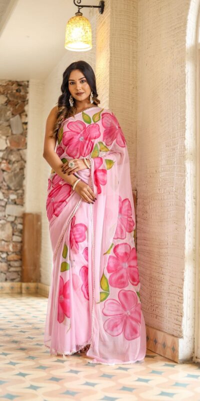Pink Soft Georgette Silk All Over Saree | Sarees, Bollywood Sarees, Creative Sarees, Designer Sarees, Embroidered Sarees, Ethnic Saree, Modern Digital sarees, Party Wear Sarees