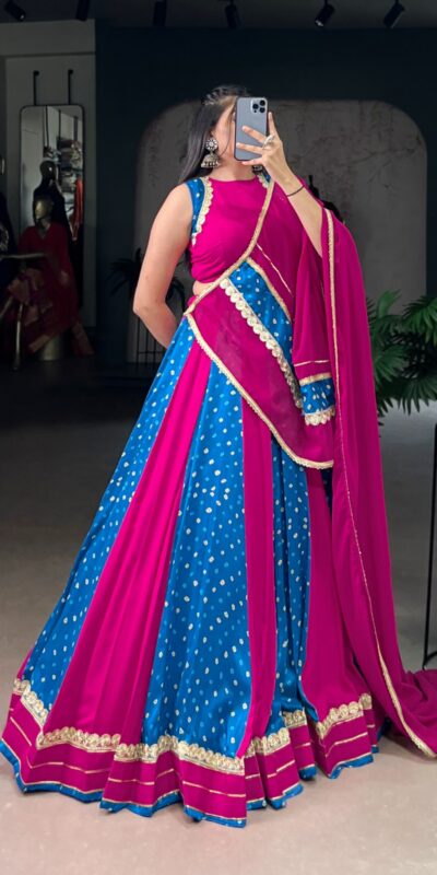Pink Tasar Silk Bandhej Print Lehenga Choli | Lehenga, Bollywood Lehenga, Creative Lehenga, Designer Lehenga, Embroidered Lehenga, Party Wear Lehenga