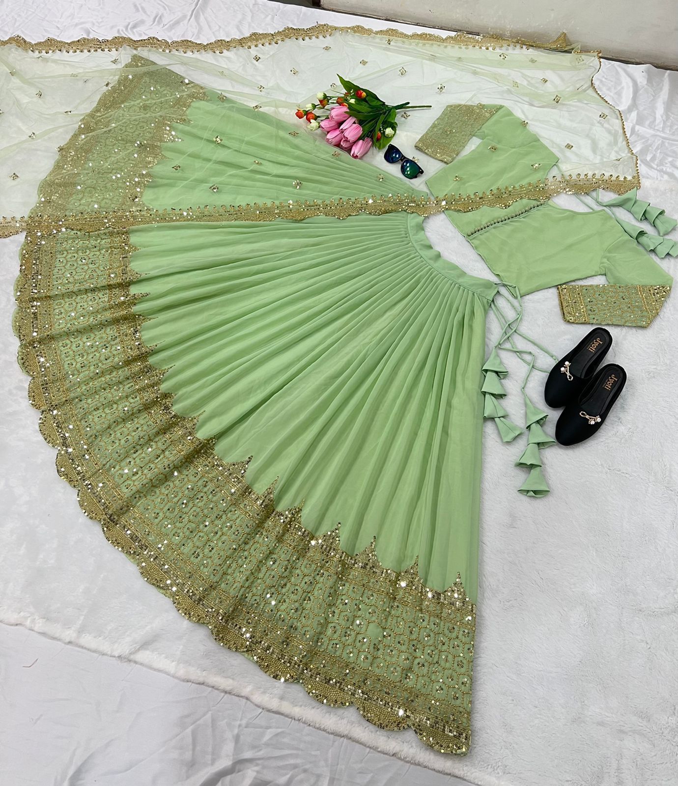 Pista Georgette Embroidery Lehenga Choli | Lehenga, Bollywood Lehenga, Creative Lehenga, Designer Lehenga, Embroidered Lehenga, Party Wear Lehenga
