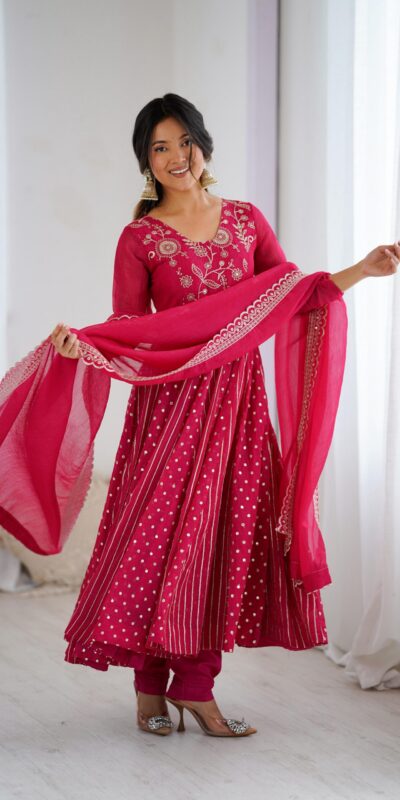 Pretty Pink Crunchy Silk Sequence Anarkali Gown | Gowns, Bollywood Gowns, Creative Gowns, Designer Gowns, Embroidered Gowns, Party Wear Gowns