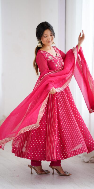 Pretty Pink Crunchy Silk Sequence Anarkali Gown | Gowns, Bollywood Gowns, Creative Gowns, Designer Gowns, Embroidered Gowns, Party Wear Gowns
