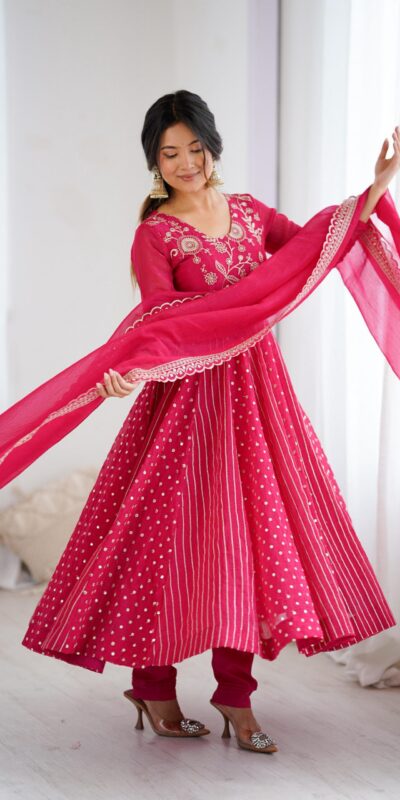 Pretty Pink Crunchy Silk Sequence Anarkali Gown | Gowns, Bollywood Gowns, Creative Gowns, Designer Gowns, Embroidered Gowns, Party Wear Gowns