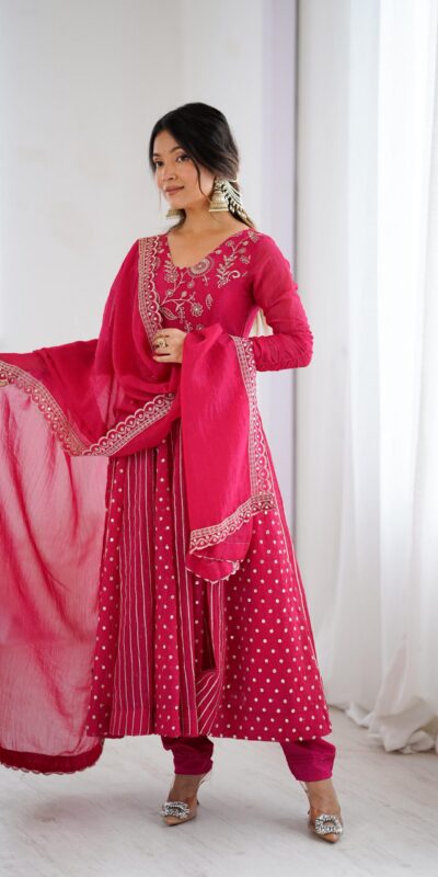 Pretty Pink Crunchy Silk Sequence Anarkali Gown | Gowns, Bollywood Gowns, Creative Gowns, Designer Gowns, Embroidered Gowns, Party Wear Gowns