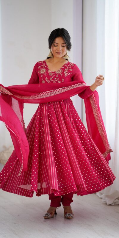 Pretty Pink Crunchy Silk Sequence Anarkali Gown | Gowns, Bollywood Gowns, Creative Gowns, Designer Gowns, Embroidered Gowns, Party Wear Gowns