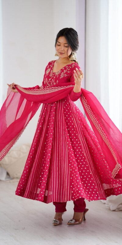 Pretty Pink Crunchy Silk Sequence Anarkali Gown | Gowns, Bollywood Gowns, Creative Gowns, Designer Gowns, Embroidered Gowns, Party Wear Gowns