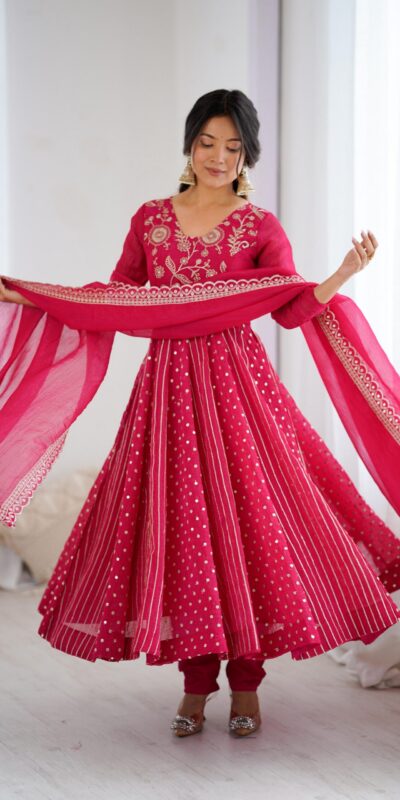 Pretty Pink Crunchy Silk Sequence Anarkali Gown | Gowns, Bollywood Gowns, Creative Gowns, Designer Gowns, Embroidered Gowns, Party Wear Gowns