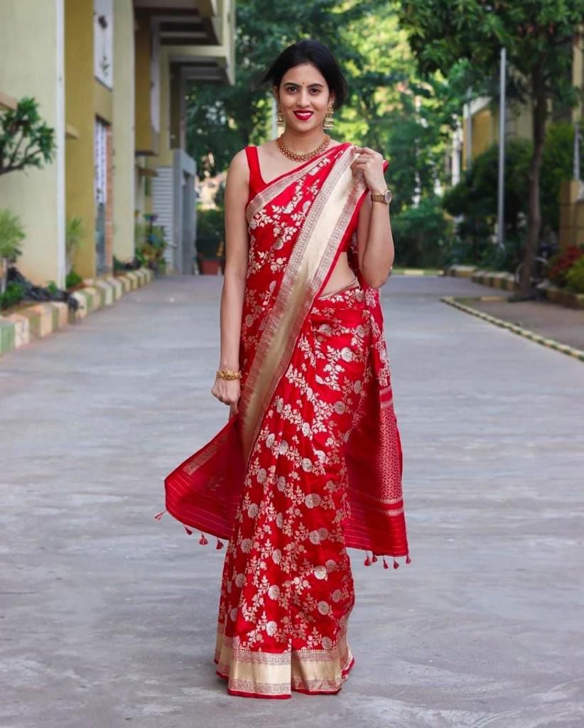 Pretty Red Lichi Silk Jacquard Work Saree | Sarees, Bollywood Sarees, Creative Sarees, Designer Sarees, Embroidered Sarees, Ethnic Saree, Modern Digital sarees, Party Wear Sarees