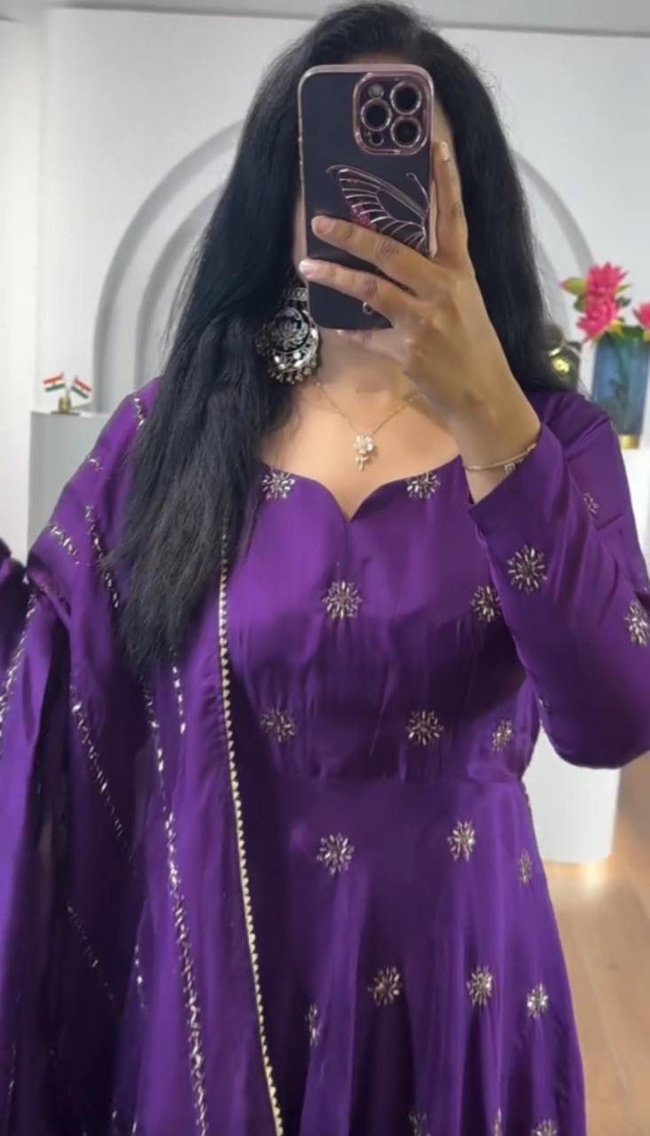 Purple Chinon Embroidery Work Gown | Gowns, Bollywood Gowns, Creative Gowns, Designer Gowns, Embroidered Gowns, Party Wear Gowns