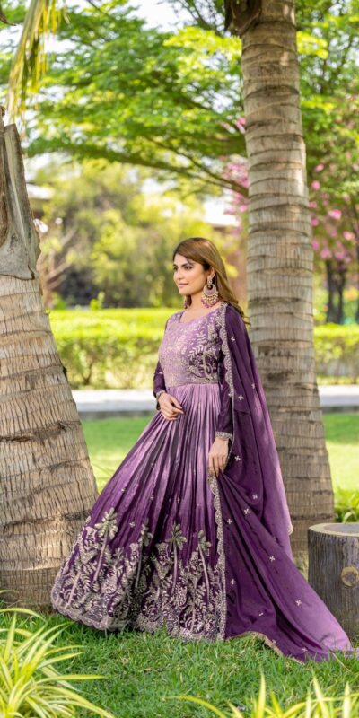 Purple Chinon Sequence Embroidery Work Gown | Gowns, Bollywood Gowns, Creative Gowns, Designer Gowns, Embroidered Gowns, Party Wear Gowns, Straight Suits