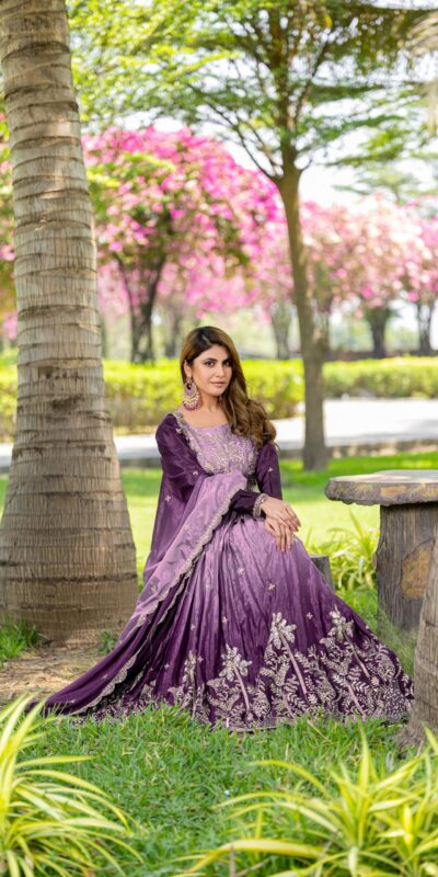 Purple Chinon Sequence Embroidery Work Gown | Gowns, Bollywood Gowns, Creative Gowns, Designer Gowns, Embroidered Gowns, Party Wear Gowns, Straight Suits