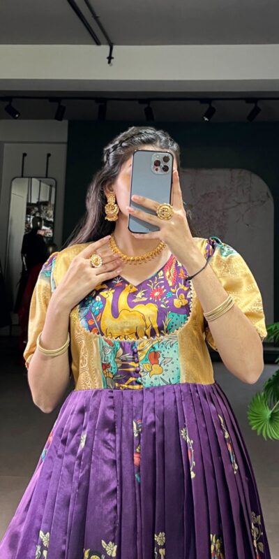 Purple Dola Silk Weaving Work Gown | Gowns, Bollywood Gowns, Creative Gowns, Designer Gowns, Embroidered Gowns, Party Wear Gowns