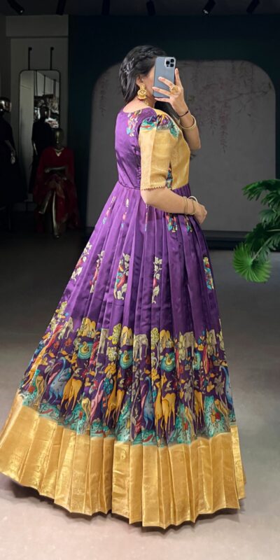 Purple Dola Silk Weaving Work Gown | Gowns, Bollywood Gowns, Creative Gowns, Designer Gowns, Embroidered Gowns, Party Wear Gowns